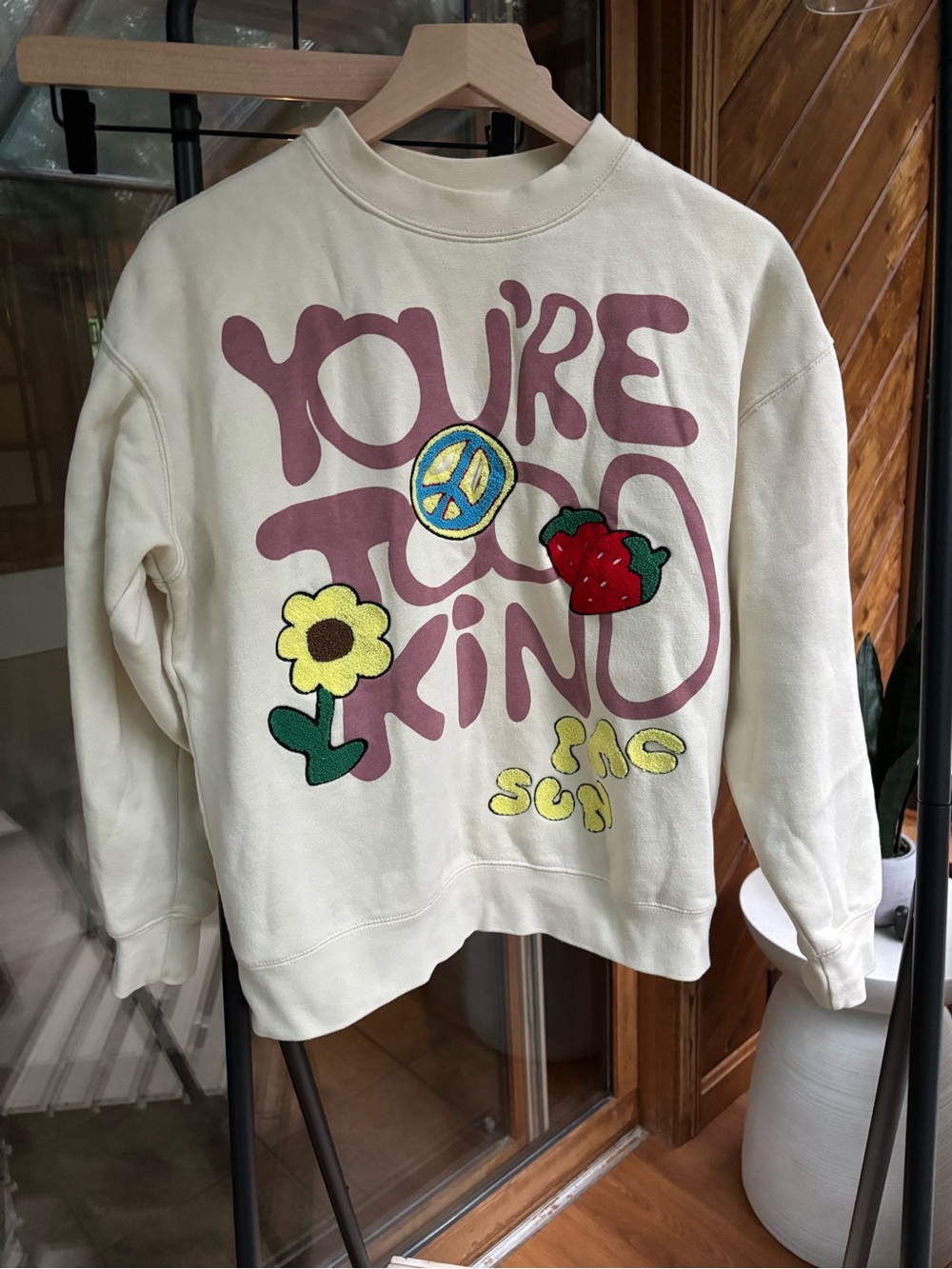 PacSun Cream Graphic Sweatshirt with Pink Lettering and Colorful Patches